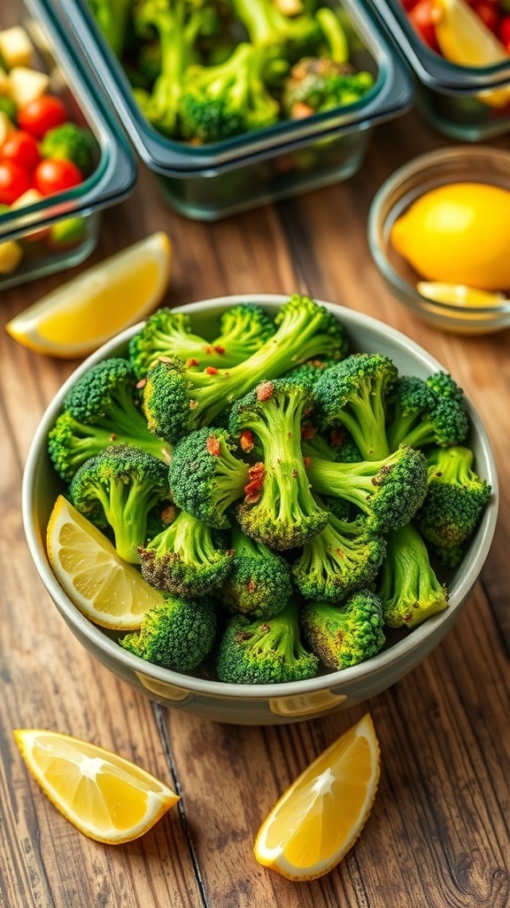 Crispy air-fried broccoli garnished with red pepper flakes and lemon wedges on a wooden table.